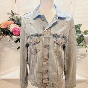 ZARA WOMEN DISTRESSED LIGHT WASH JEAN JACKET WITH SHOE LACE BACK SIZE SMALL